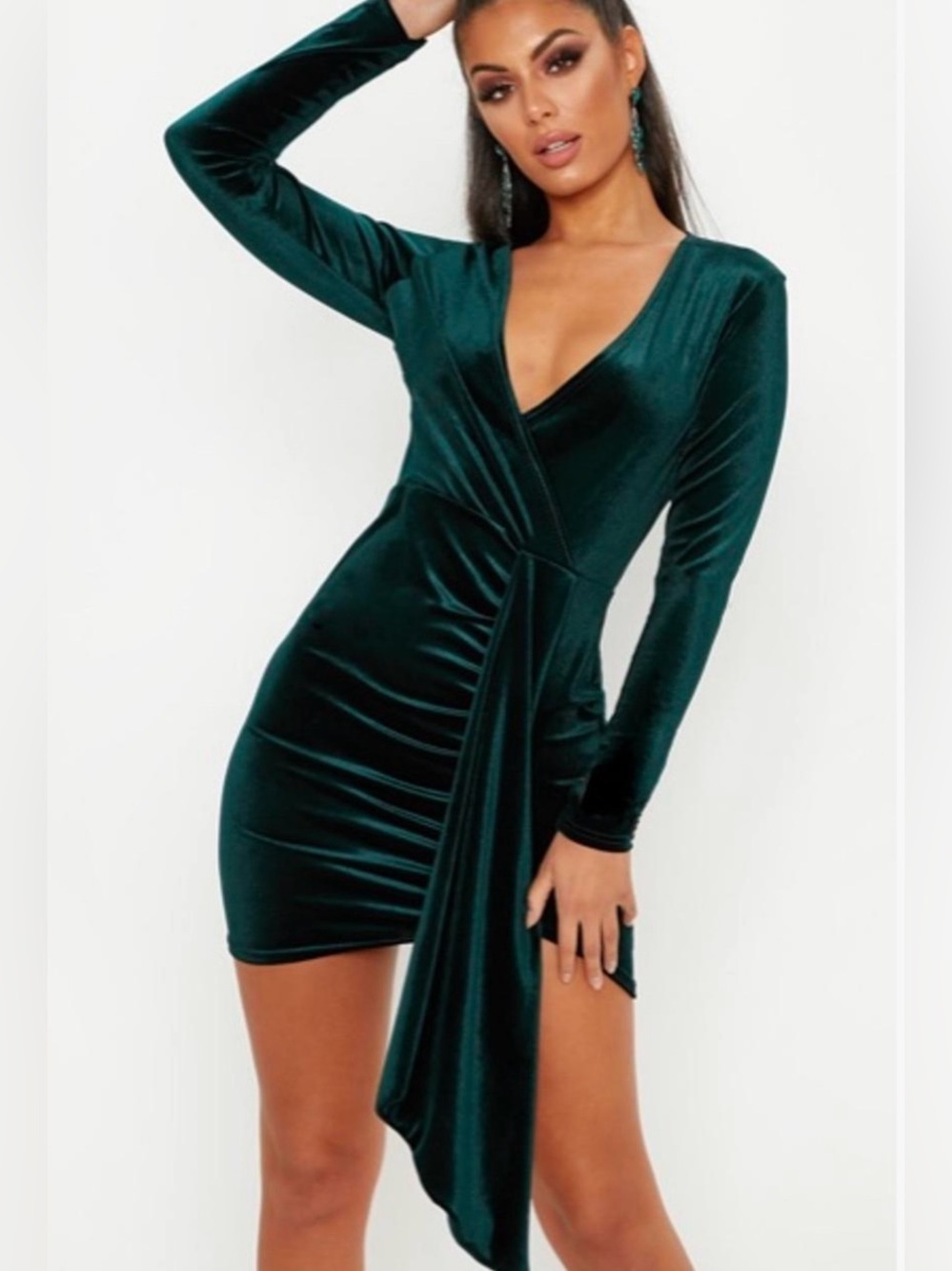 Pretty Little Thing Emerald Green Mini Drape Long Sleeve Cocktail Dress Size 8